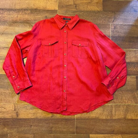 Lauren Ralph Lauren Linen Gold Red Button Down Women's Shirt 1X - Picture 1 of 9